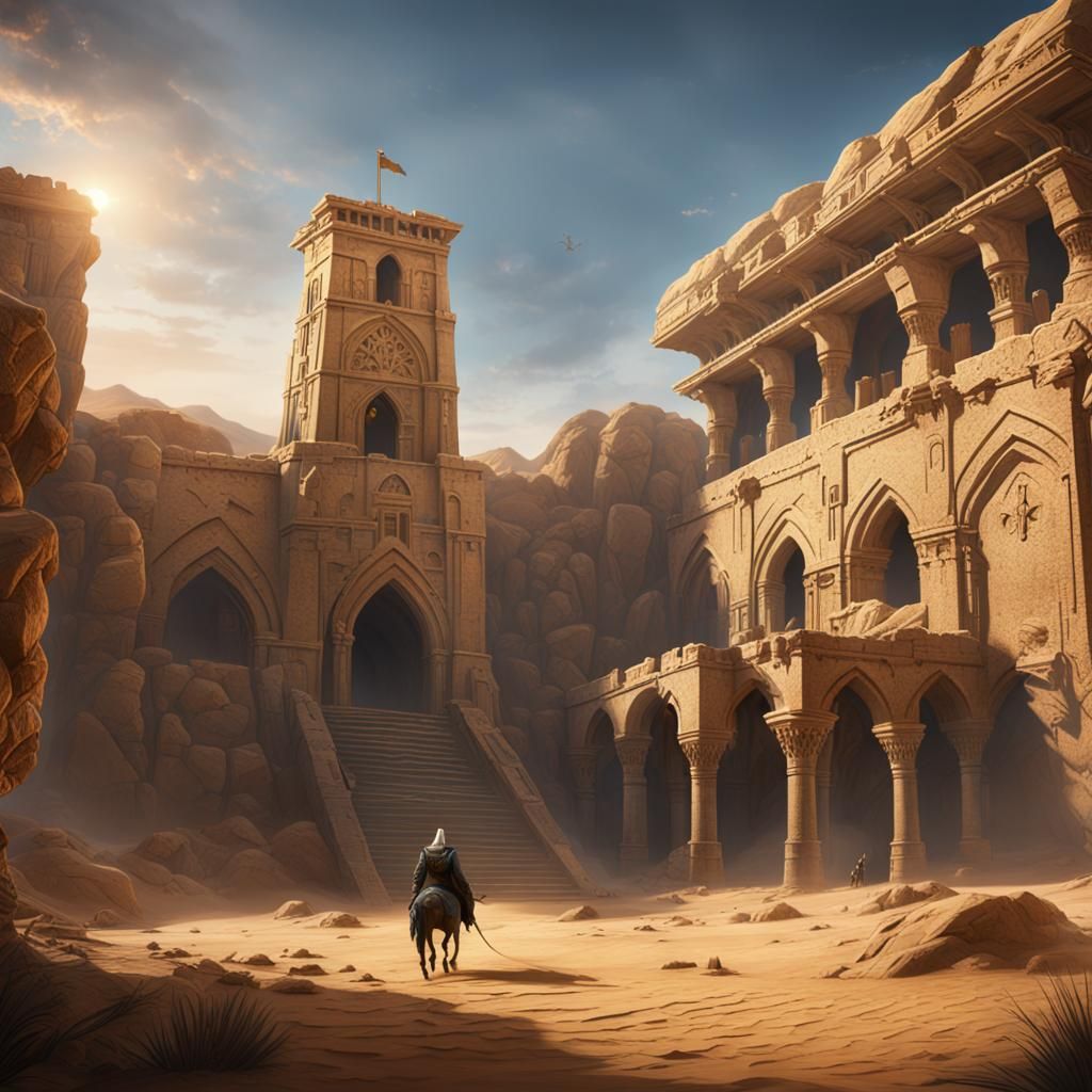 English crusader exploring ancient tomb in the desert