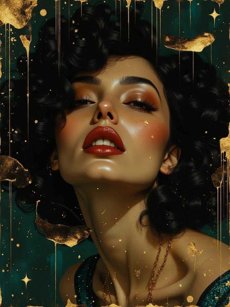 <lora:MisanthropyRemix:1.0> woman portrait dark film noir, film grain, oil painting dark gold glitchcore dry brush Wes Anderson Gustav Klimt...