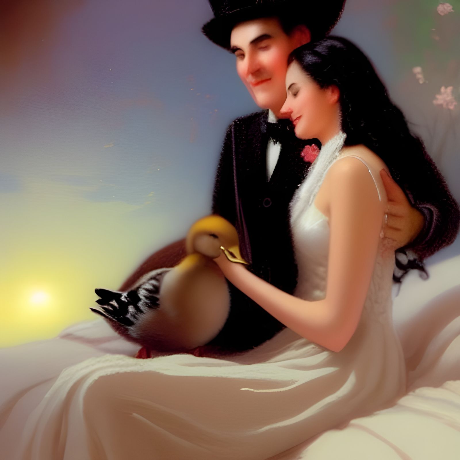 A mournful black haired woman wearing her white dress is sit...
