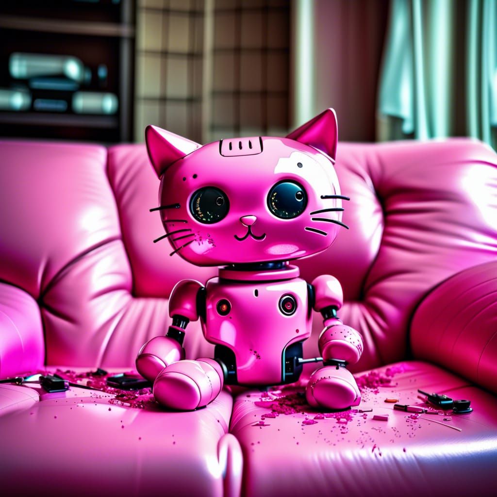 robot pink kitty did a big mess, he scratched the leather sofa ! looks coupable and absolutely adorable. ...  by @Morkai