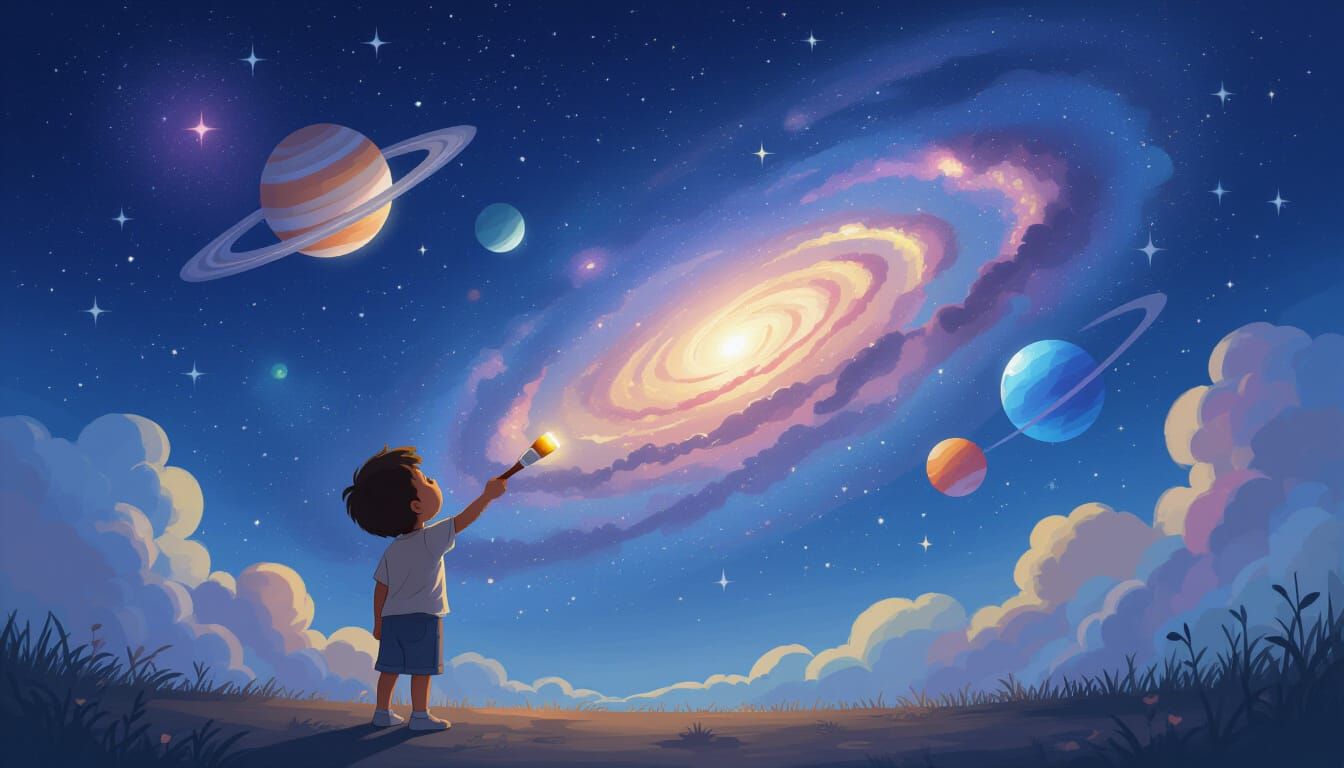 "A small child standing with a paintbrush in hand, looking up with wonder as he paints the universe above him. The night sky unfolds like a ...