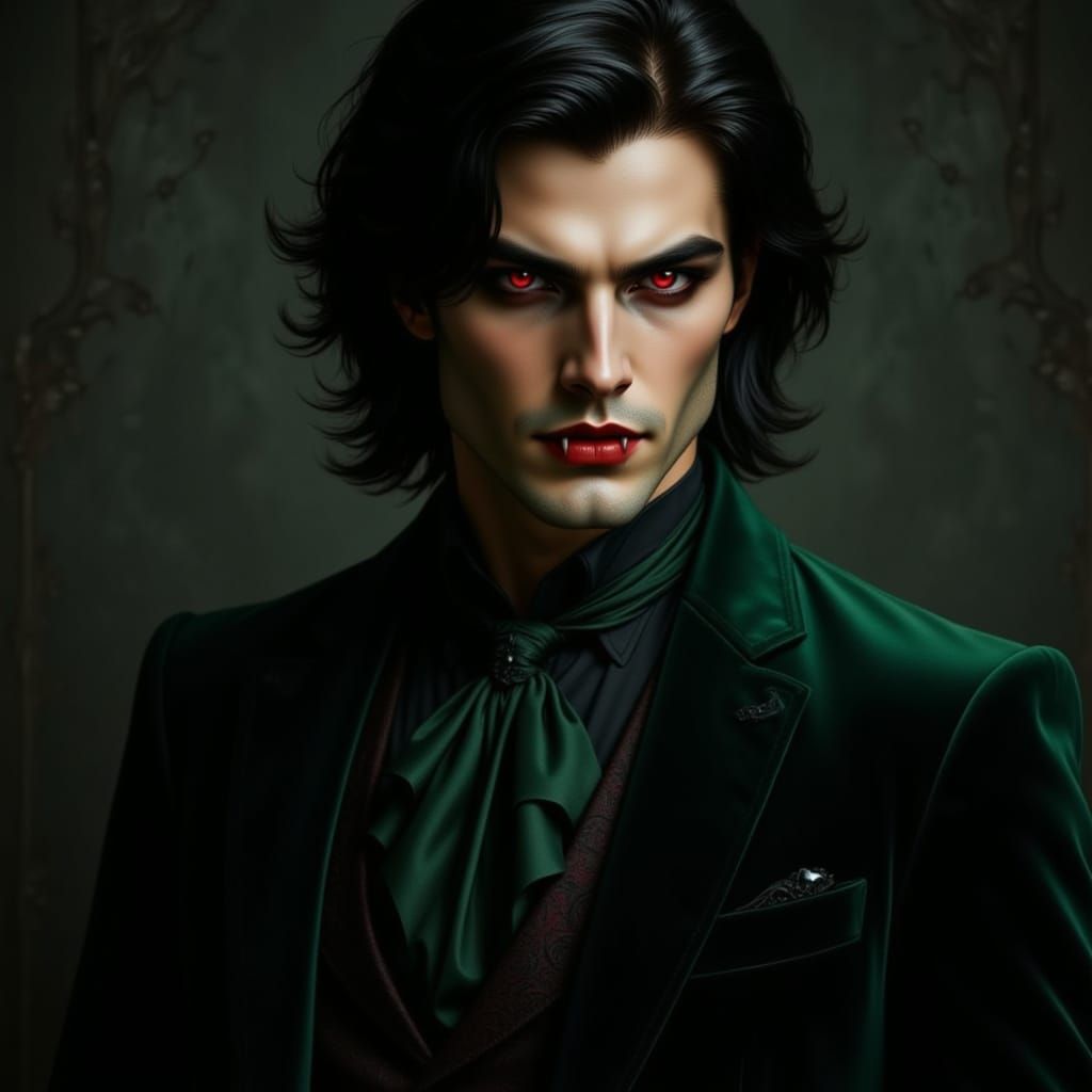 <lora:Elite Vampires:1.0> a dark skinned sexy vampire man with red eyes and fangs wears a velvet green tuxedo.