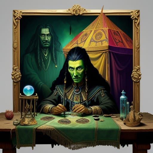 A water colour painting of A gypsy with a shrunken head sits under a tent at a table. A crystal ball sits in the table she shuffles tarot ca...