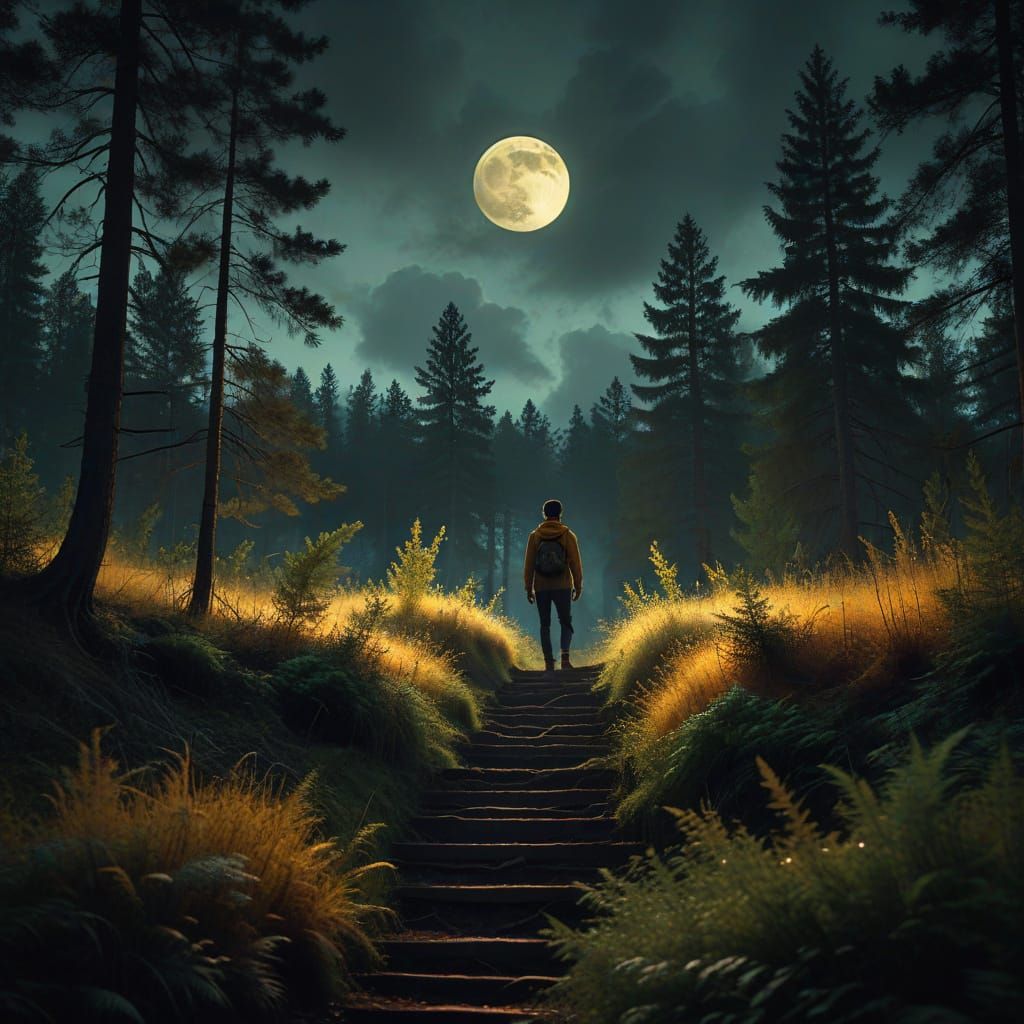 Ethereal Forest Stairway in Digital Art Style