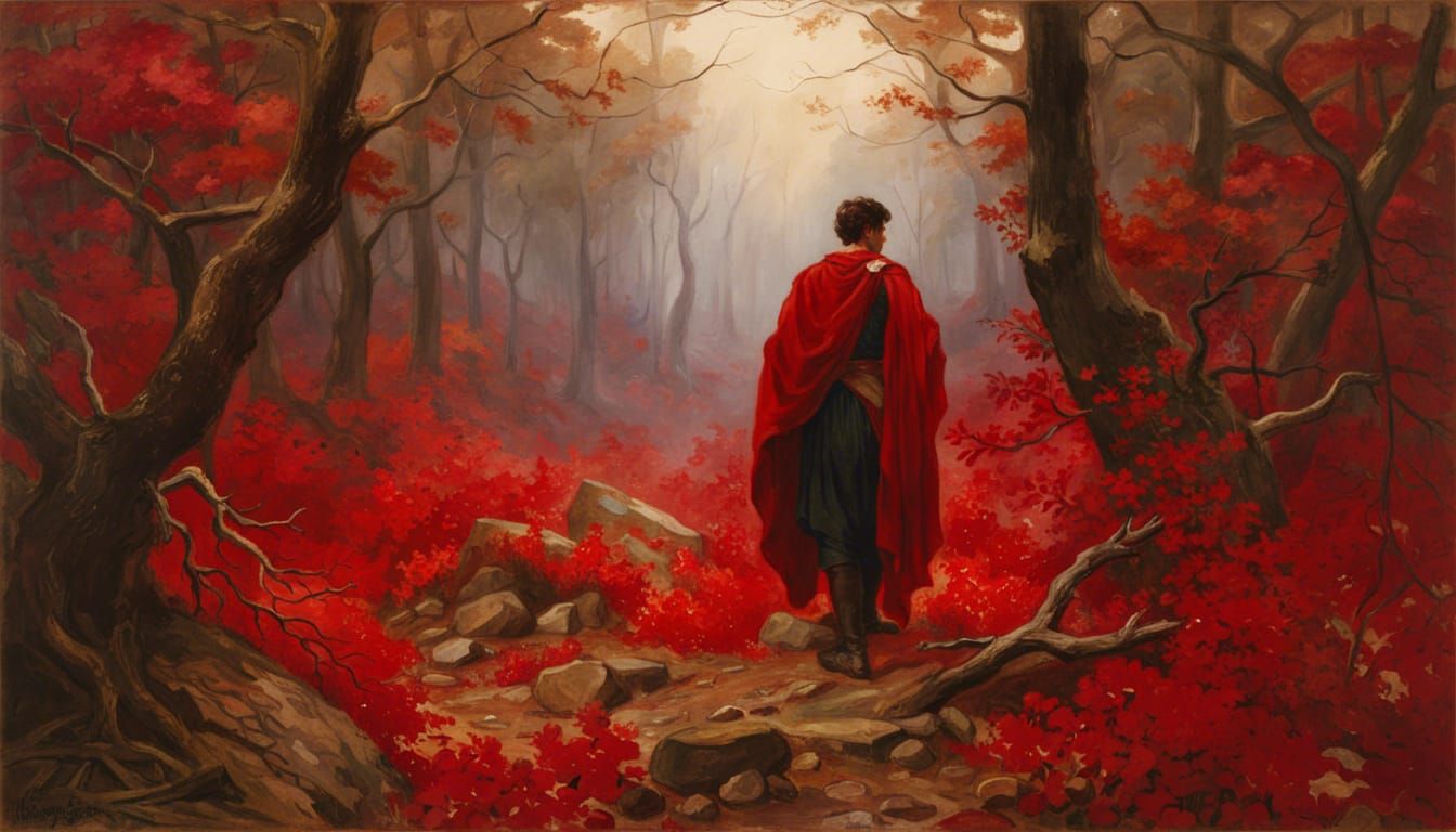 A man lost in a scarlet forest AI Generated Artwork NightCafe Creator