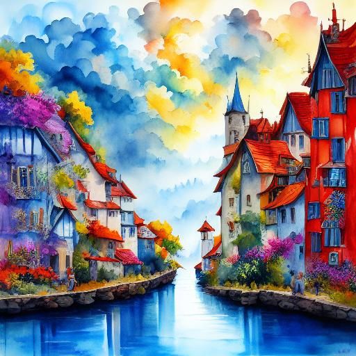 <lora:WatercolorSD15:1.3> Windmill landscape