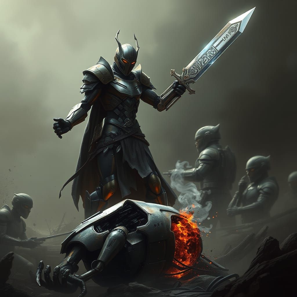 a humanoid <robot> holds a sword in his hand, a defeated robot lies nearby and smoke comes out of it  by @Olaf