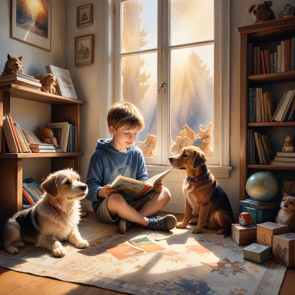 Boy Reads to Dog in Magical Watercolor Style