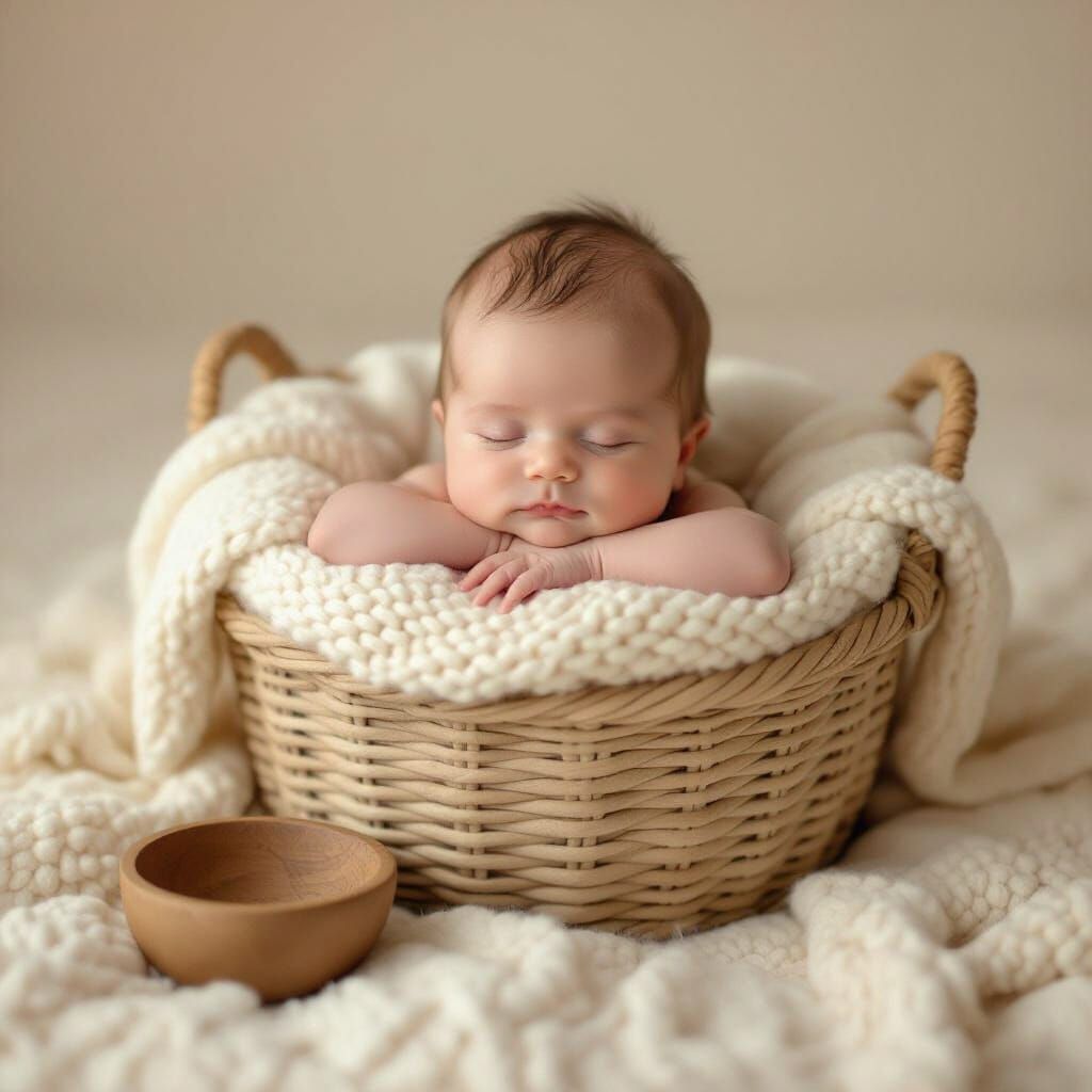 Transform this photo into new born photography image with a soft pastel color palette. Add a knitted basket as a prop and ensure the baby is...