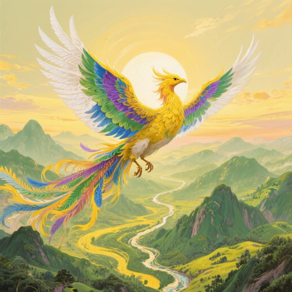 Colorful Phoenix Soars Over Green Mountains at Sunrise