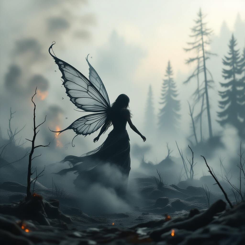 Smoke Fairy Chasing Charred Forest After Wildfire