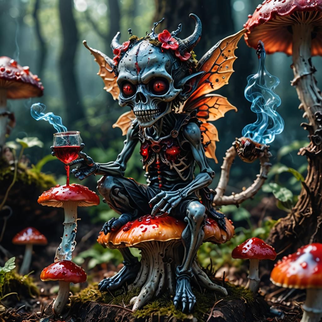 Macro photography of a tiny demon fairy sitting on a mushroo...
