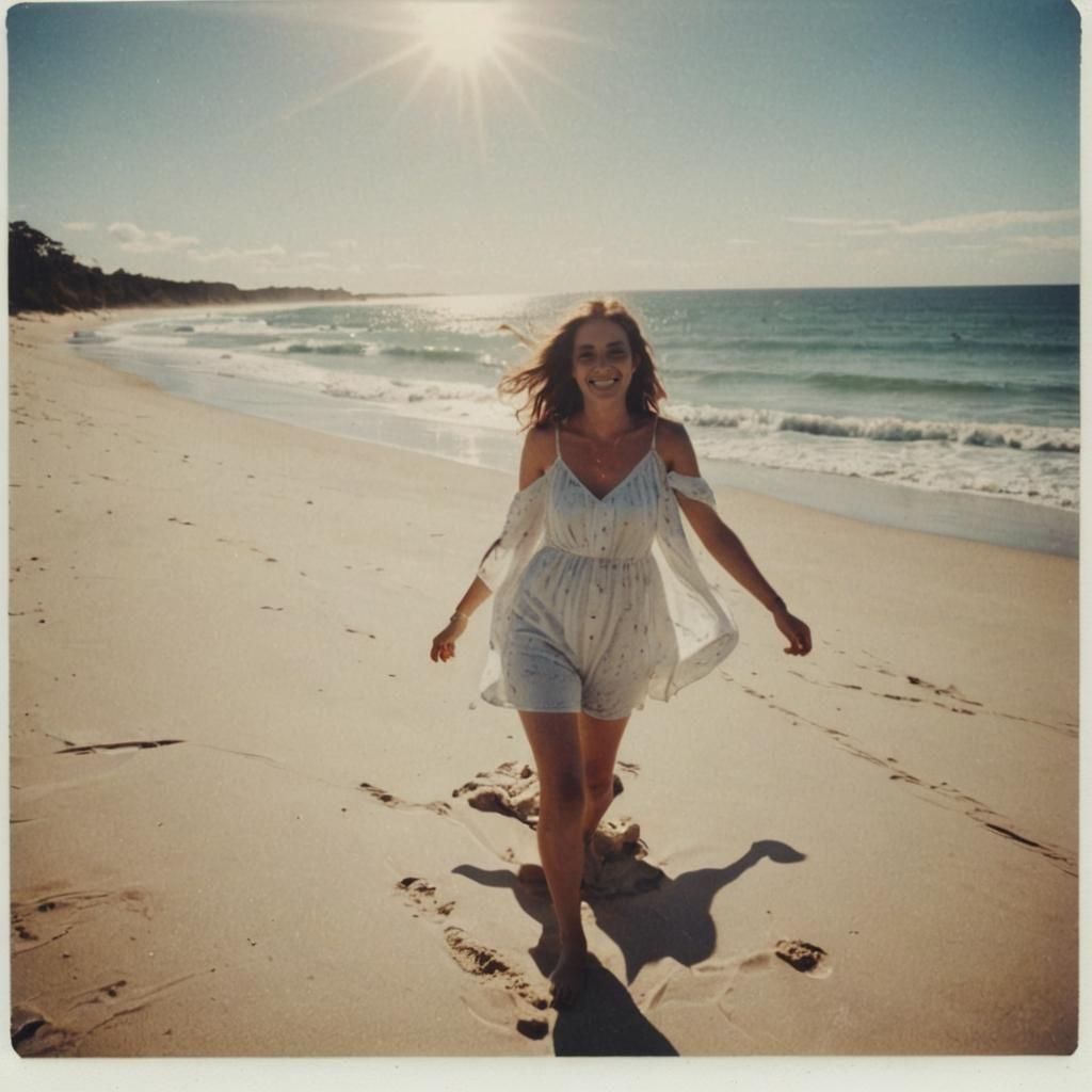 Polaroid of happy woman sunshine beach 