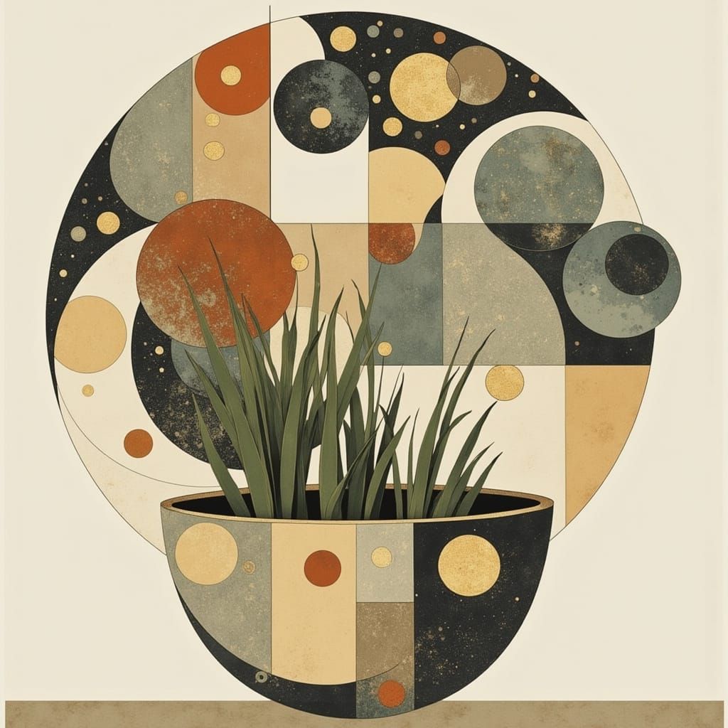 Boho modern art painting with a celestial design of moon and stars, it has neutral colors, gold leaf, black, strong contrast, a nature theme...