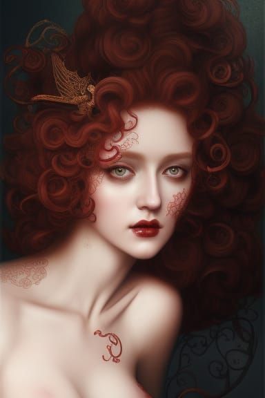Red Headed Lady covered in lace, long curls, Rococo, detaile...