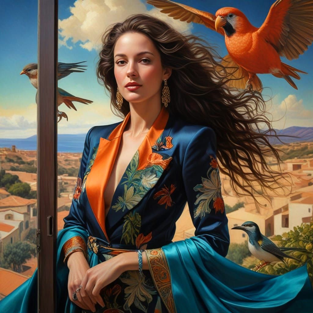 Surrealistic Portrait of Elegant Lady in Dreamlike Surroundi...