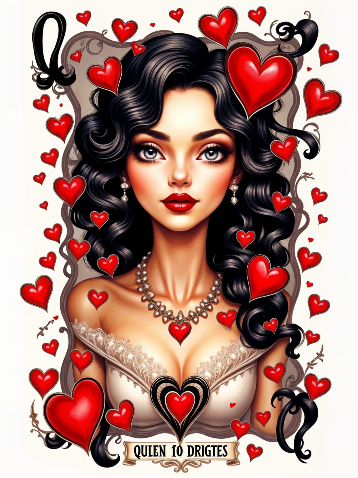 Queen of Hearts Playing Card with Hearts Galore
