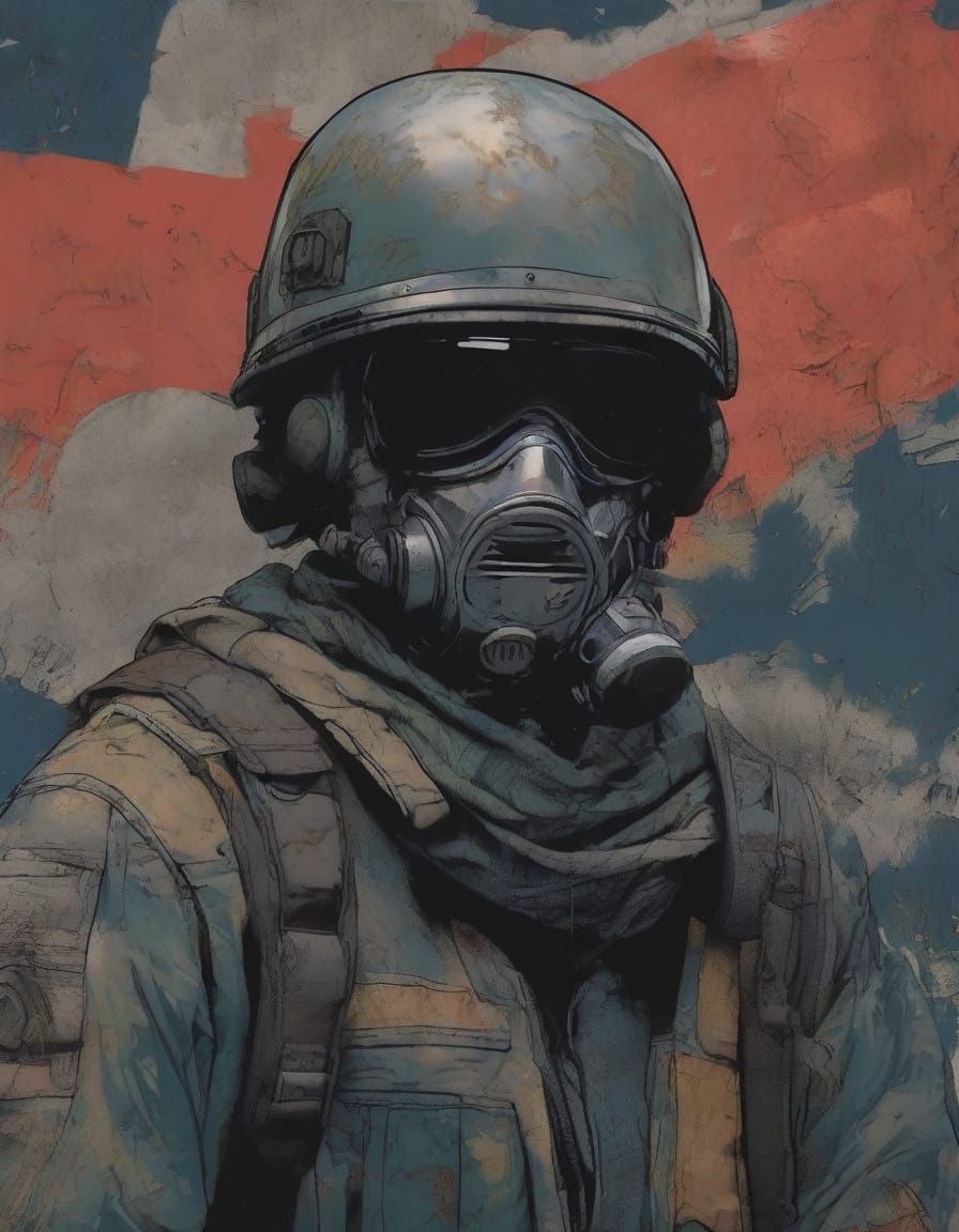 Gritty Soldiers Emerge from Tattered Flag in Neon Urban Deca...