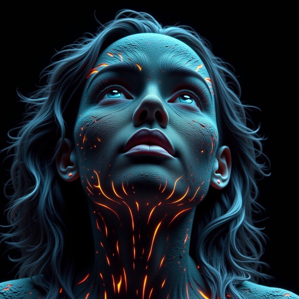 <lora:-Darken-:1.0> a girl face, looking up, glowing cracks
