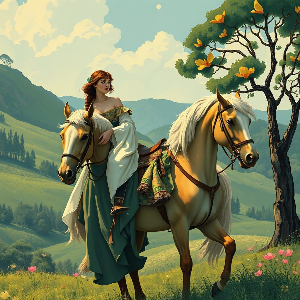 Elegant Lady Rides Horse in Art Nouveau Landscape with Whims...