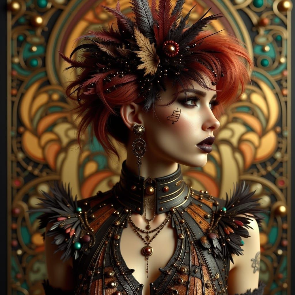 <lora:Art Nouveau Punk V2:1.0> portrait, beautiful woman with punk hair in an art nouveau punk dress, Klimt inspired background, ambient li...