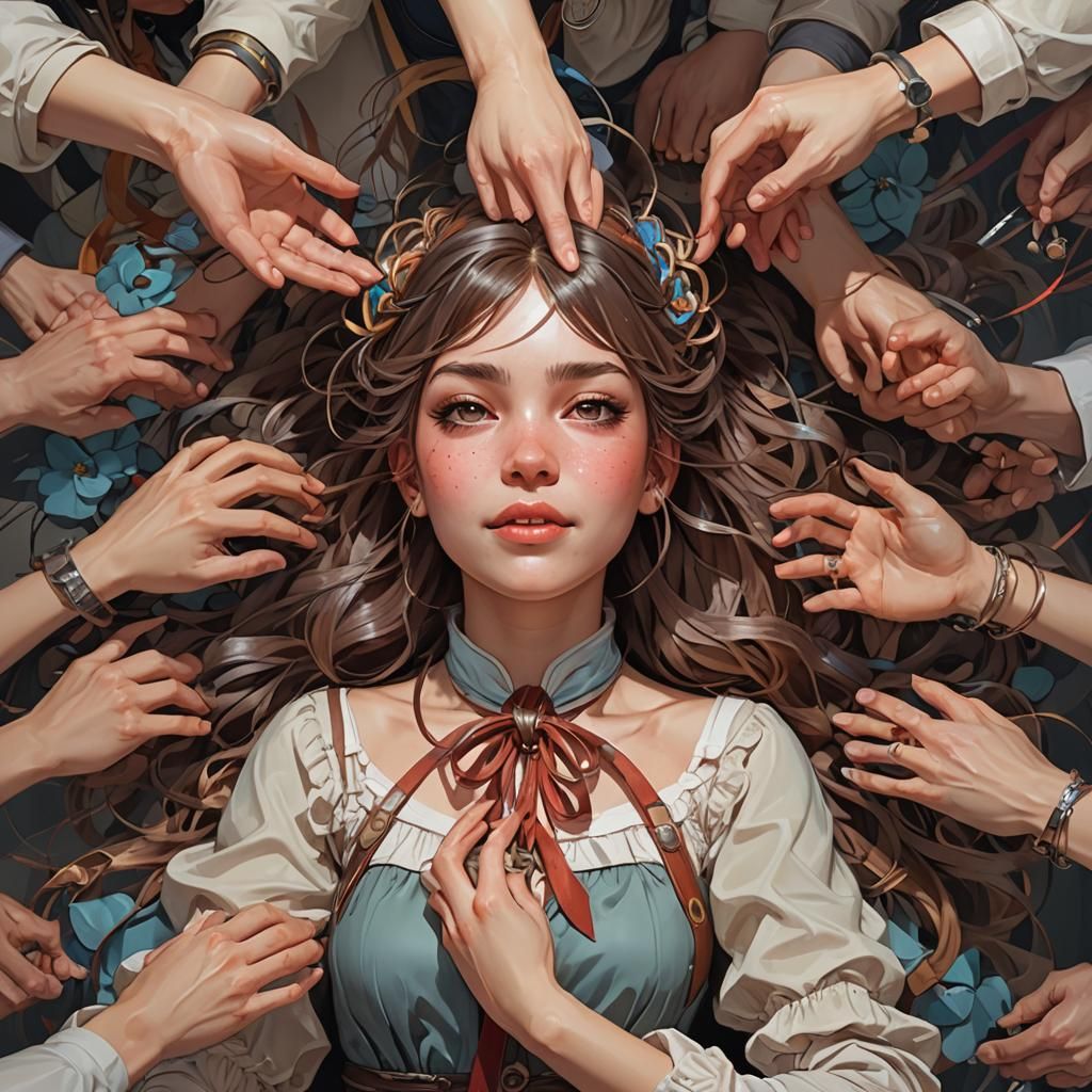 A cute girl tied down tickled by multiple hands - AI Generated Artwork -  NightCafe Creator