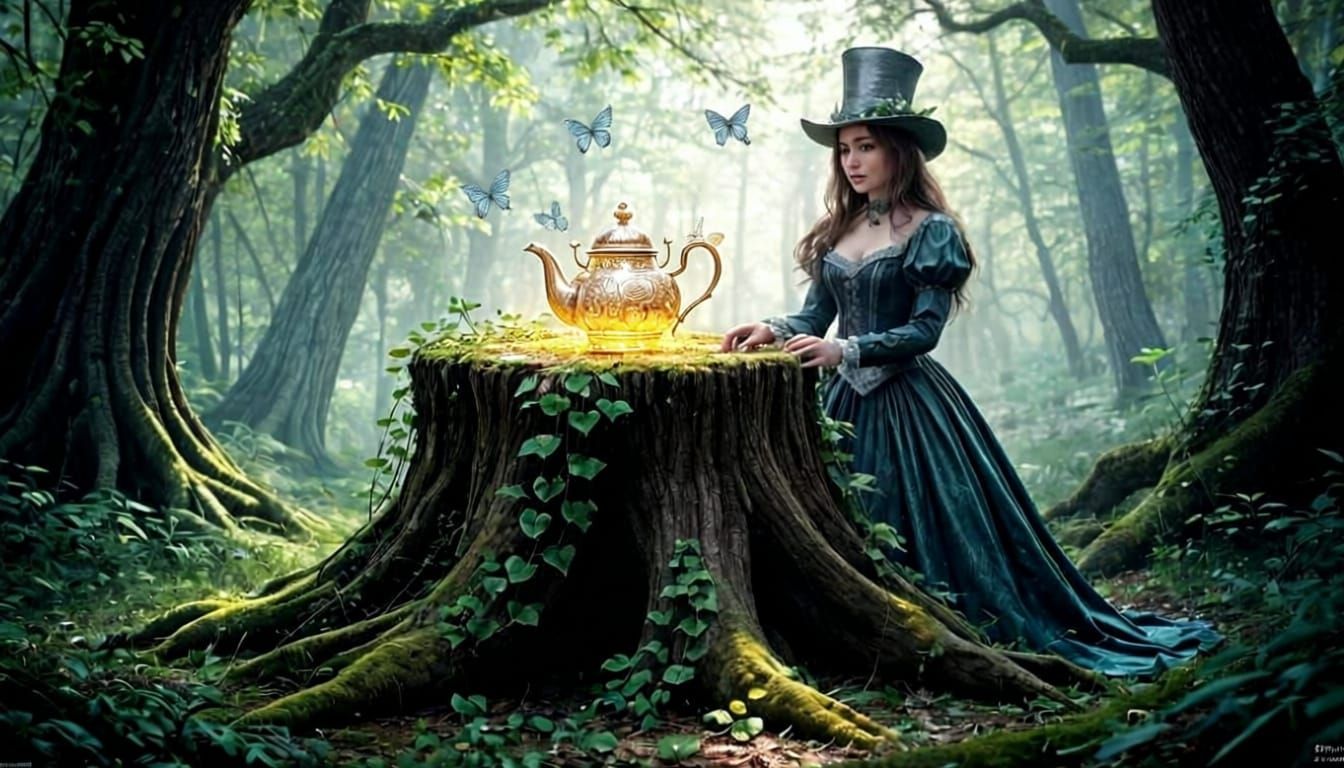 mistical forrest with soft sunlight in the middle an old tree stump covered in not and ivy with on top a silver shining teapot wit little dr...