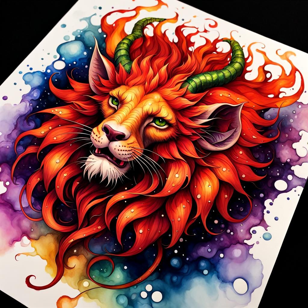 Blazing, Manticore, alcohol ink, deep saturation, 🧚‍♀️, 🌠,...