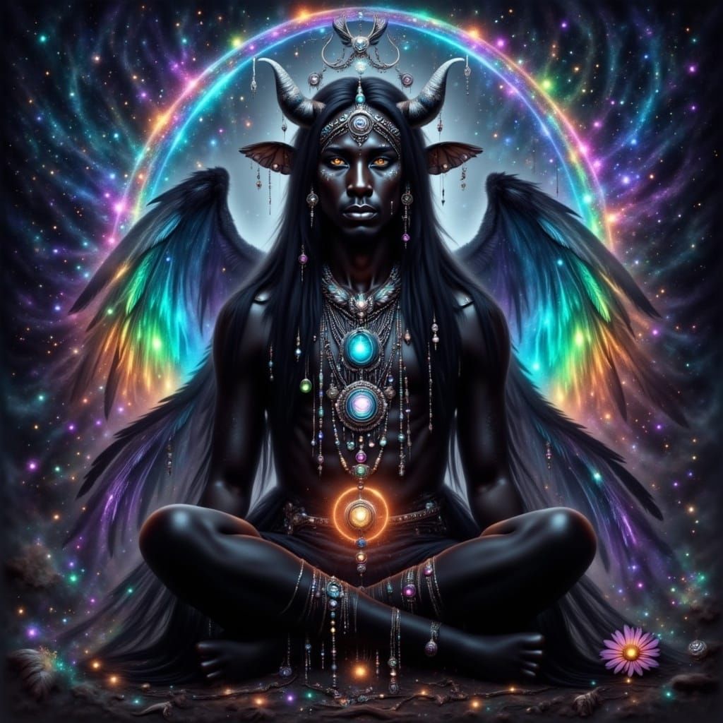 <lora:Spiritual Intensity:1.0> Man shaman with chakra lights, mystic, ethereal, rainbow colors and black, hazy dark starlit background, mand...