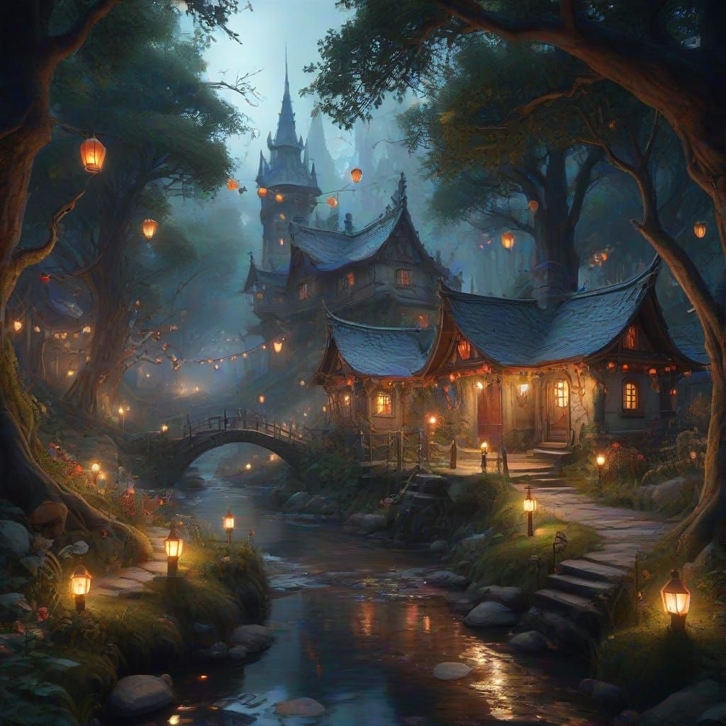 "fairy village in the middle of the enchanted woods with lots of lights and lanterns"

"detailed matte painting, deep color, fantastical, in...