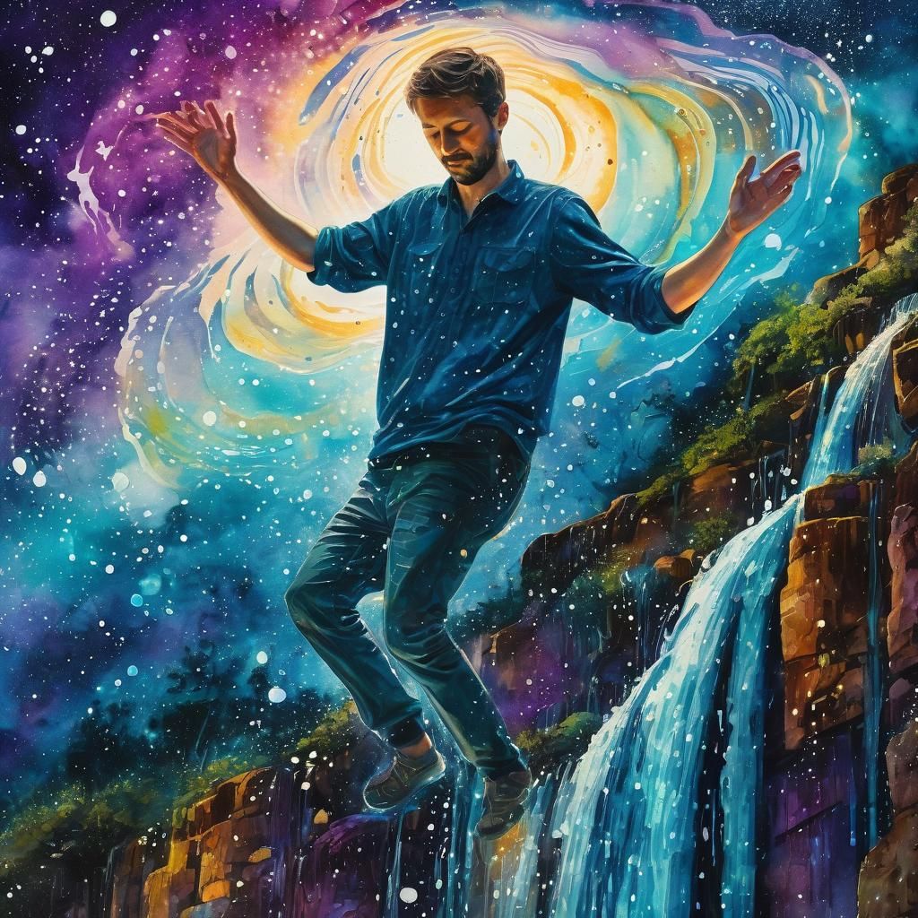 Surrealist landscape. Medium shot. A person shaped waterfall in an abstract universe, flowing with unique colors, splashing majestically. Lo...