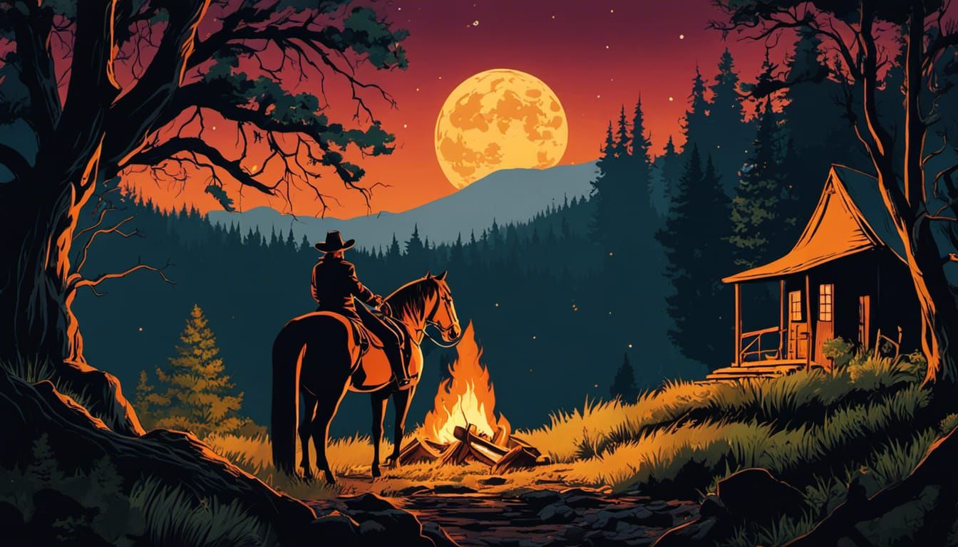 Portrait of a Cowgirl and her horse at Campfire, Crude cabin i ...