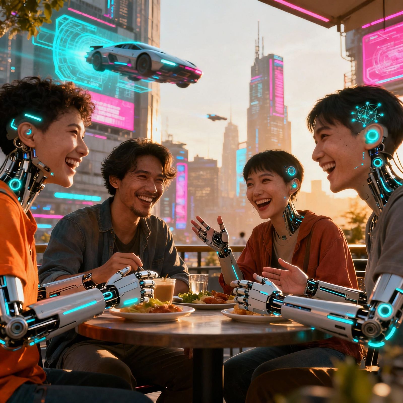 A reunion photo from a bustling future city in 2150, where people of diverse backgrounds and cybernetic ...  by @Tribble Lover