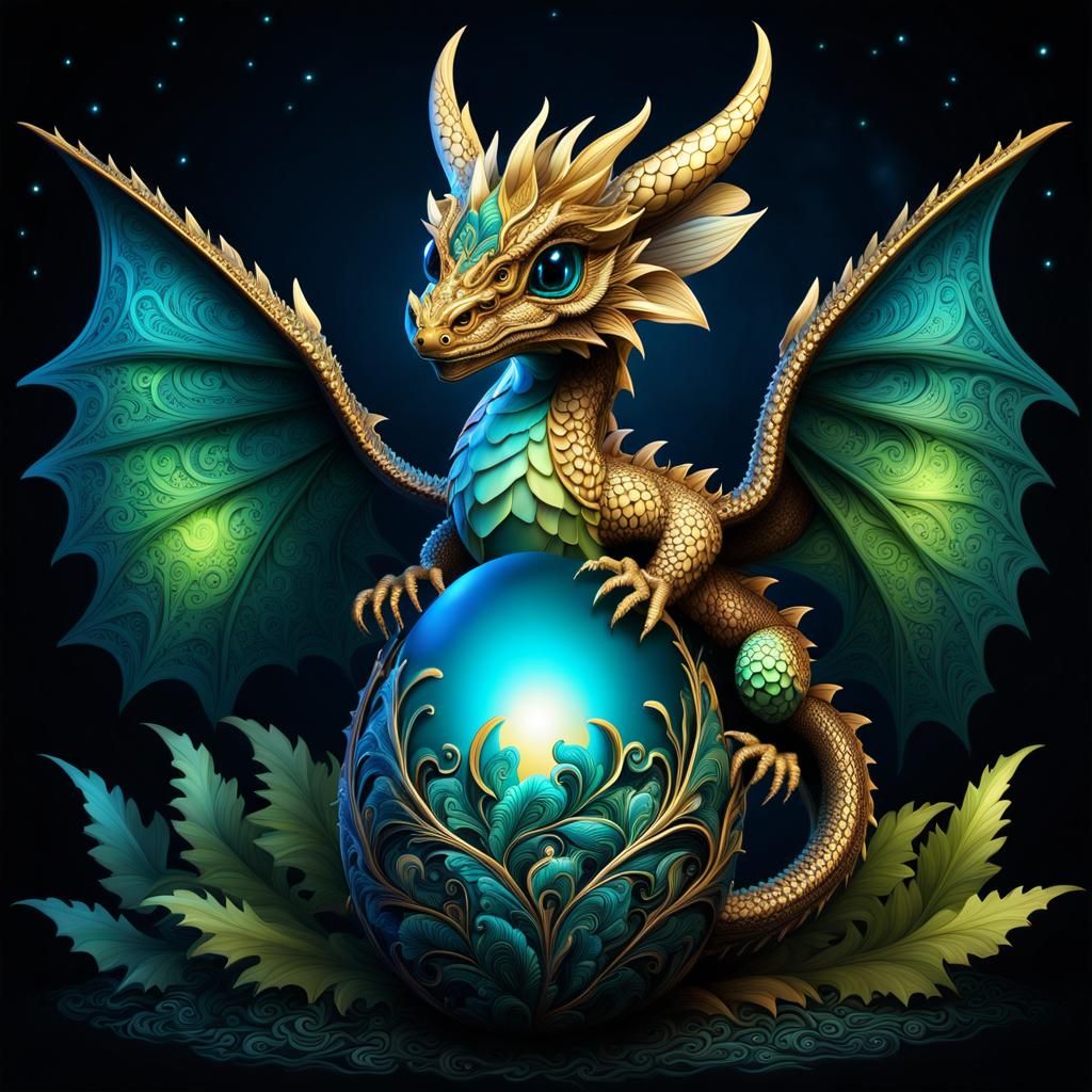 Baby Dragon Hatching in Enchanted Forest, Fantasy Art