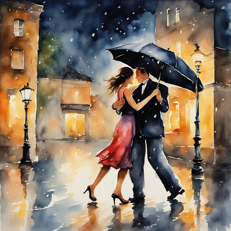 Romantic Waltz in the Rain: Watercolor Painting A vibrant wa...