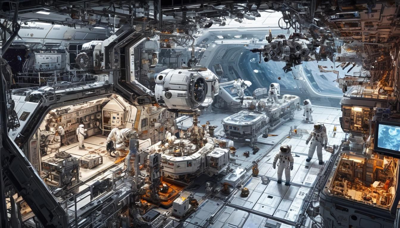 <lora:GalaxyCore:1.0> <lora:Alienbiopunk:1.0> A space station, with spaceships coming and going, astronauts on EVA missions, and maintenance...