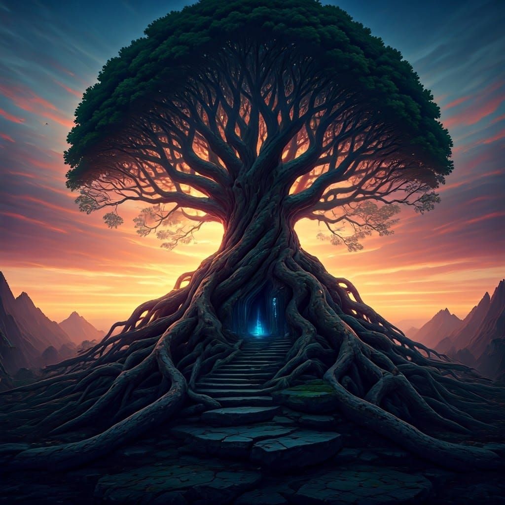 Majestic Ancient Tree in Surreal Dreamscape