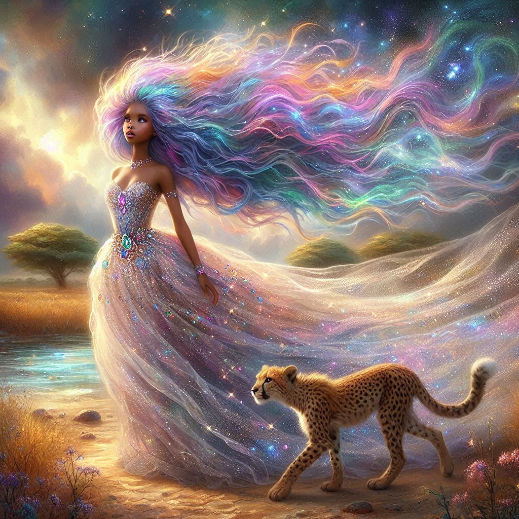 Celeste the African Rainbow Godess and her Cheetah Nixos