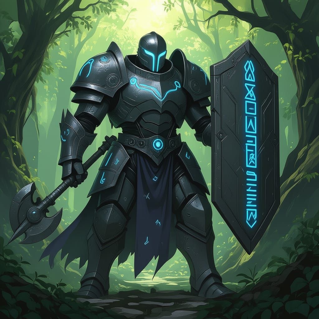 A Warforged standing guard in a mystical, lush green forest. He has a lean but slightly tanky build, with sleek arcane armor covered in glow...