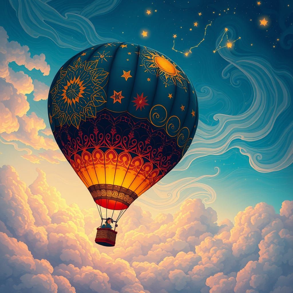 A vibrant hot air balloon ascends into a sky.   by @Cute dog
