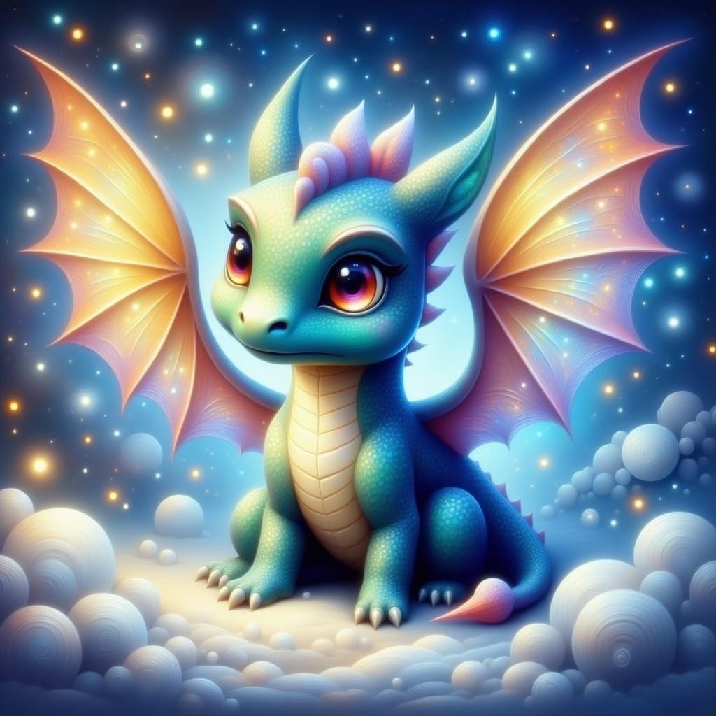  <lora:Luminist Flux:1.0> baby dragon with iridescent wings extended, winter wonderland background, luminist style 