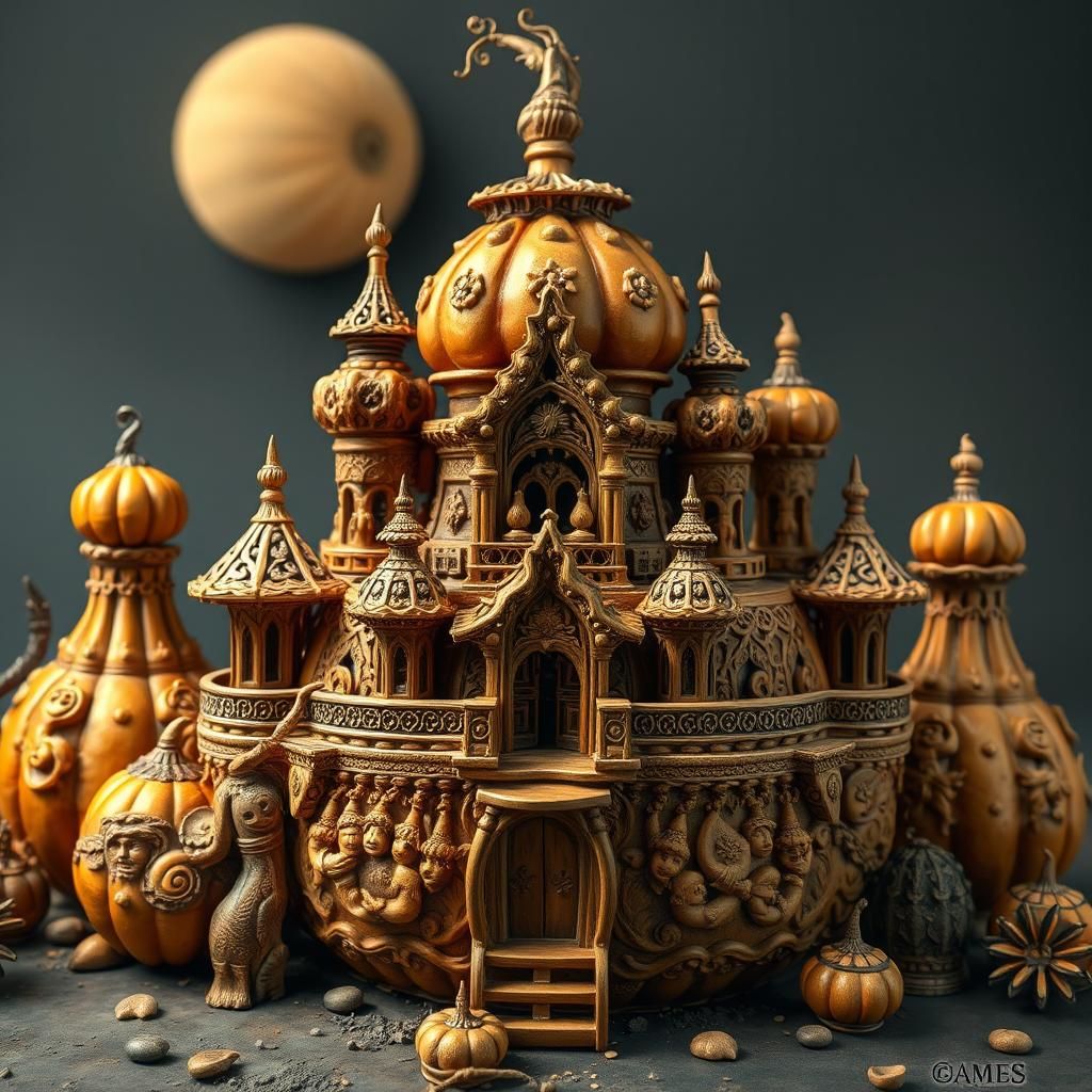 Gourds carvered and decorated as palace. Many smalls details, intrincated details, awesome textures, ...  by @Marv