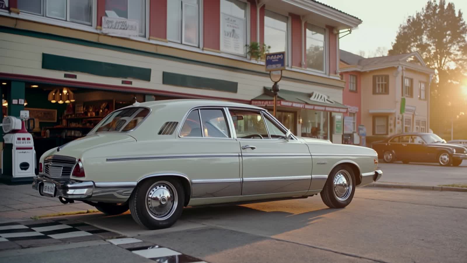 a vintage 1950s volvo 122  car parked in front of a classic american diber at dusk,under soft fading sunlight. the setti...