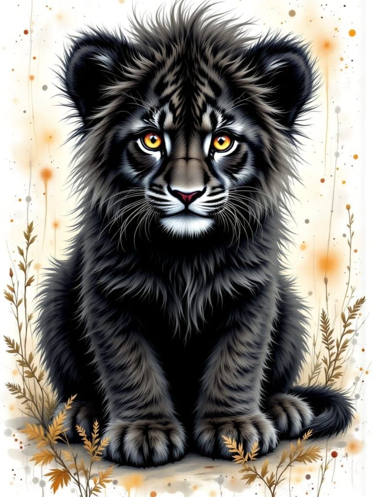 <lora:HRH-pawtraits:1.0> Aged black canvas, a beautiful fluffy, long haired lion cub, loose detailed strokes to add detail and texture, ink ...