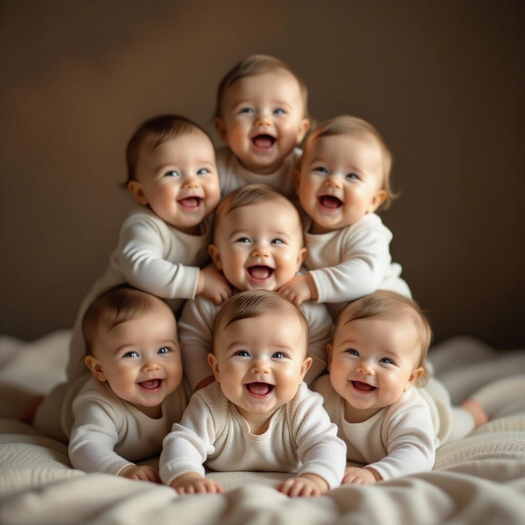 Tower of Ten Babies Laughing, Hyperrealistic Photo