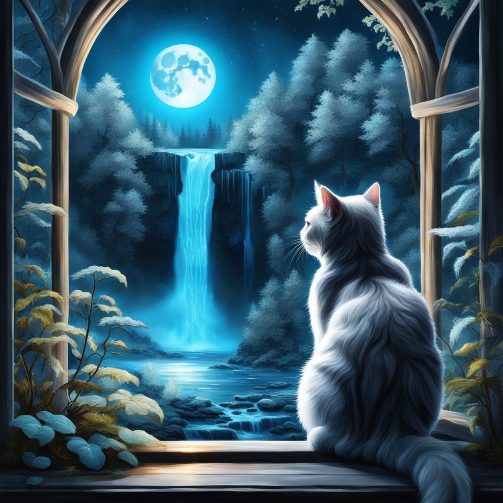 A cute cat looking out a window at a magical forest with a waterfall. Magical highlighted blue and silver ...  by @Tara