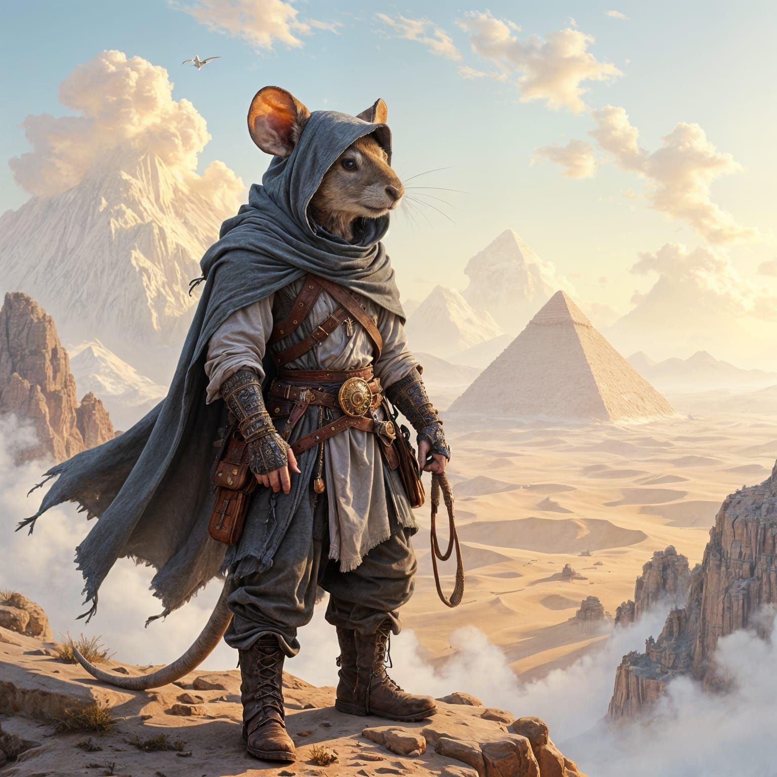 A highly detailed anthropomorphic mouse in shabby clothes, a gray cloak on his back and head, boots on ...  by @Zhopen