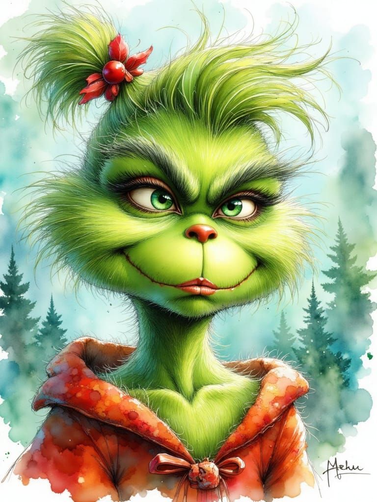 Whimsical Grinch in Watercolor Style