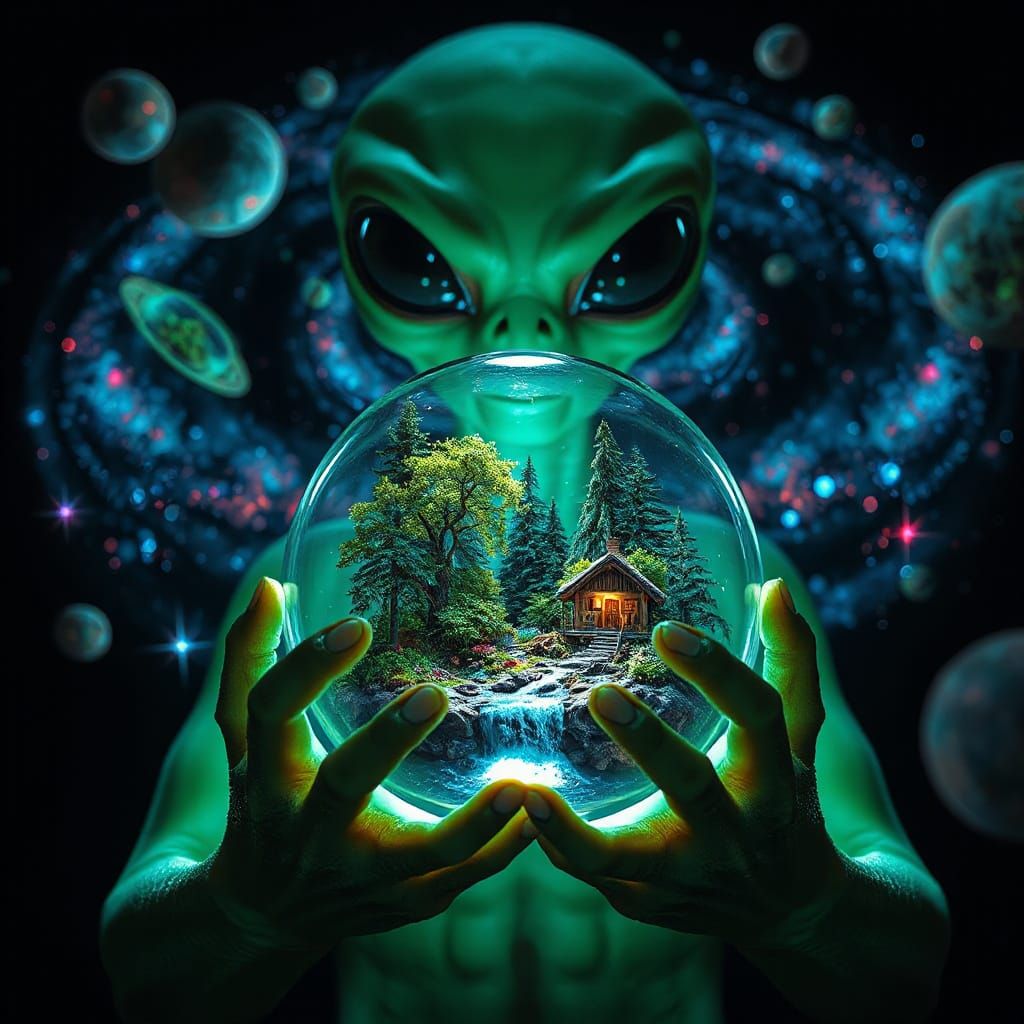 Luminescent Alien Cradling Miniature Forest Galaxy