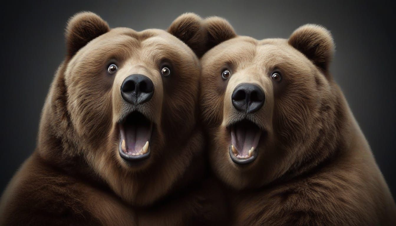 Photograph Portrait: obese Kodiak Bears duo; The affectionate Bears exude surprised excitement; absurd expressions and gazes fixed on the vi...